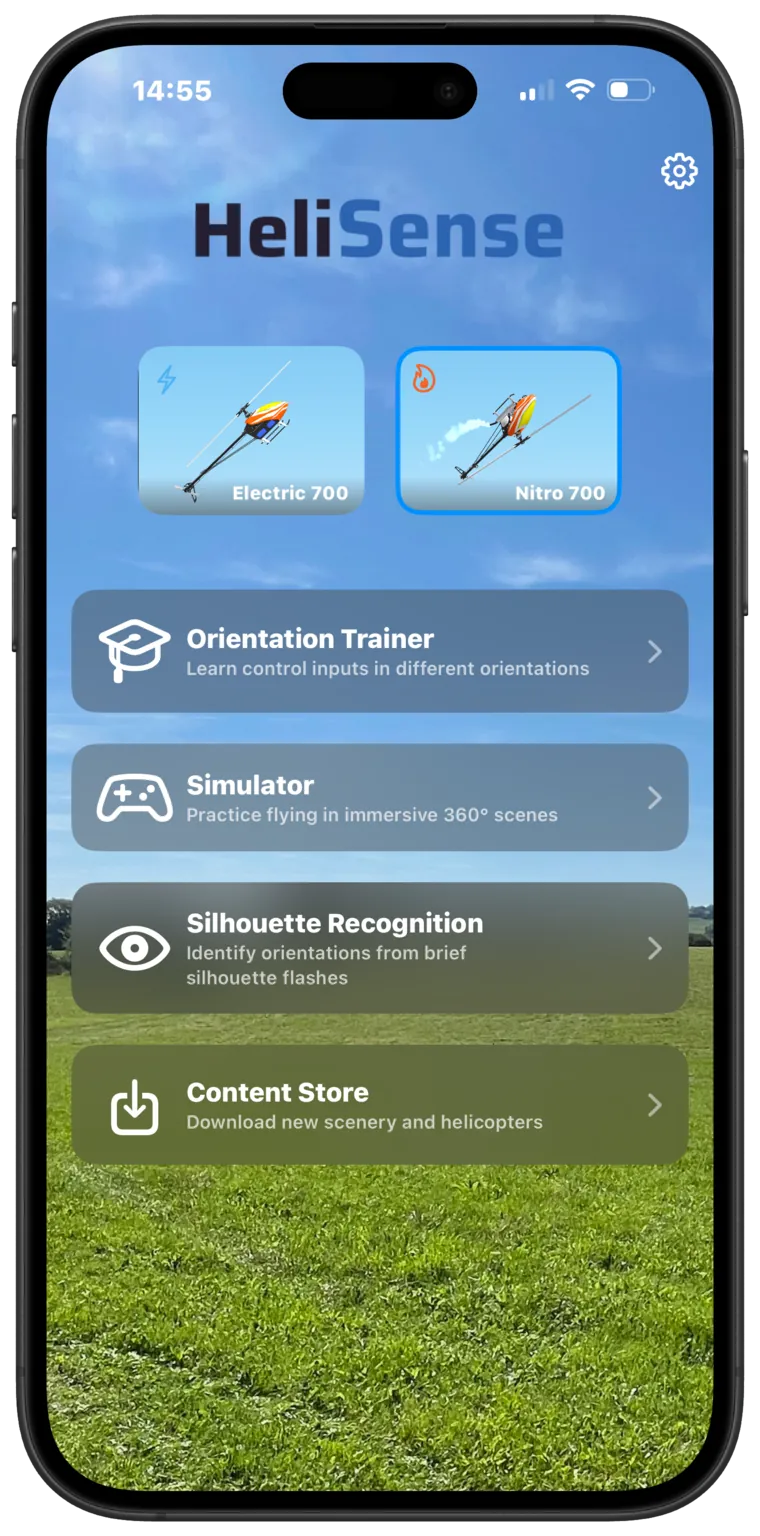 HeliSense home screen showing two included helicopters and the main features