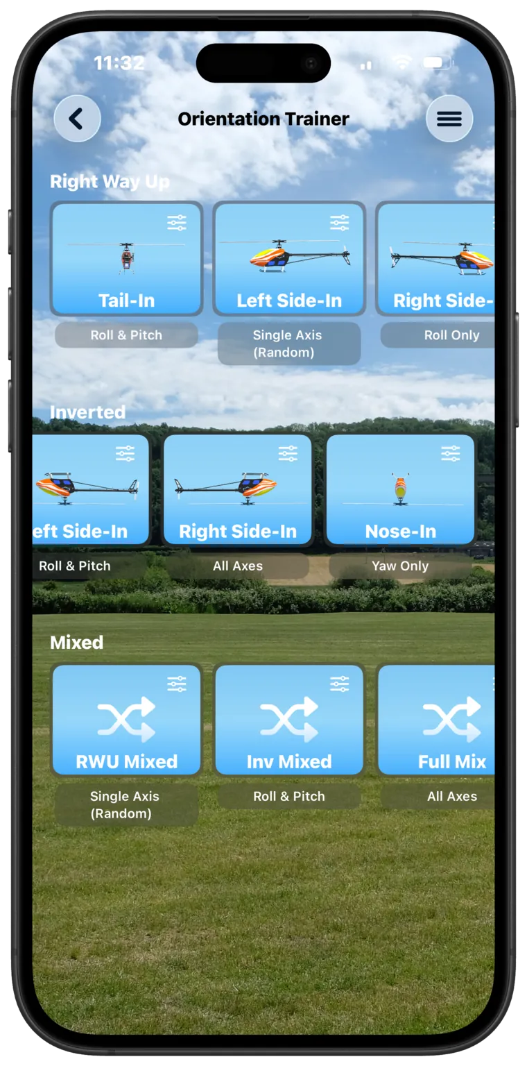 HeliSense Orientation Trainer selection screen