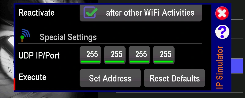 The Special Settings section of the IP UDP Simulator screen, with the four UDP IP/Port boxes reading 255, 255, 255, 255