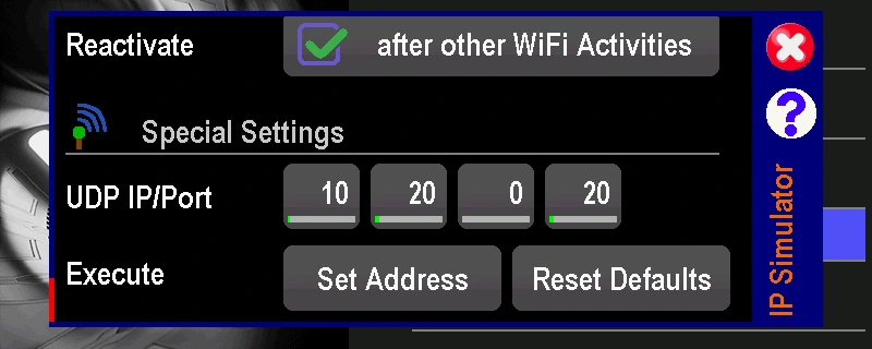 The same Special Settings section with the UDP IP/Port boxes changed to 10, 20, 0, 20, above the Set Address and Reset Defaults buttons