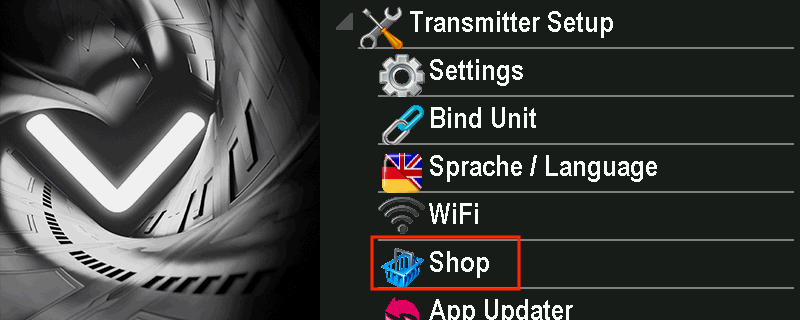 The VBar Control Transmitter Setup menu with Shop highlighted, below the WiFi entry