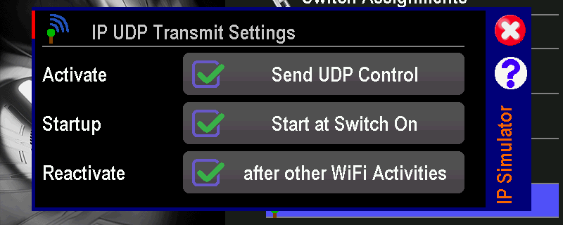 The IP UDP Transmit Settings screen with Send UDP Control, Start at Switch On and after other WiFi Activities all ticked