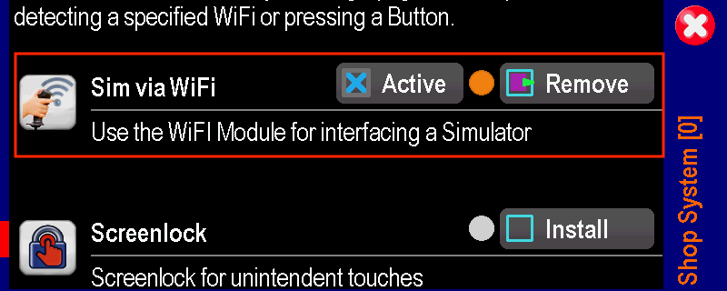 The Sim via WiFi entry in the VBar Control Shop System list, showing Active and Remove after installation